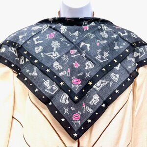 New Betsey Mini Scarf Cotton/ Silk 20" black grey gold star pink lipstick (86